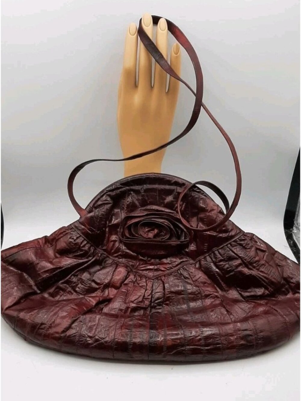 Vintage Eel Skin Clamshell Burgundy Shoulder Purse Floral Rosette Accent